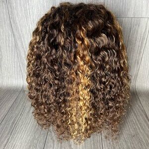 Curly brown & blonde highlighted human hair lace front wig 16 inch brand new C9